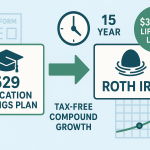 529 to Roth IRA rollover diagram showing $35,000 lifetime limit and 15-year account requirement under SECURE 2.0 Act