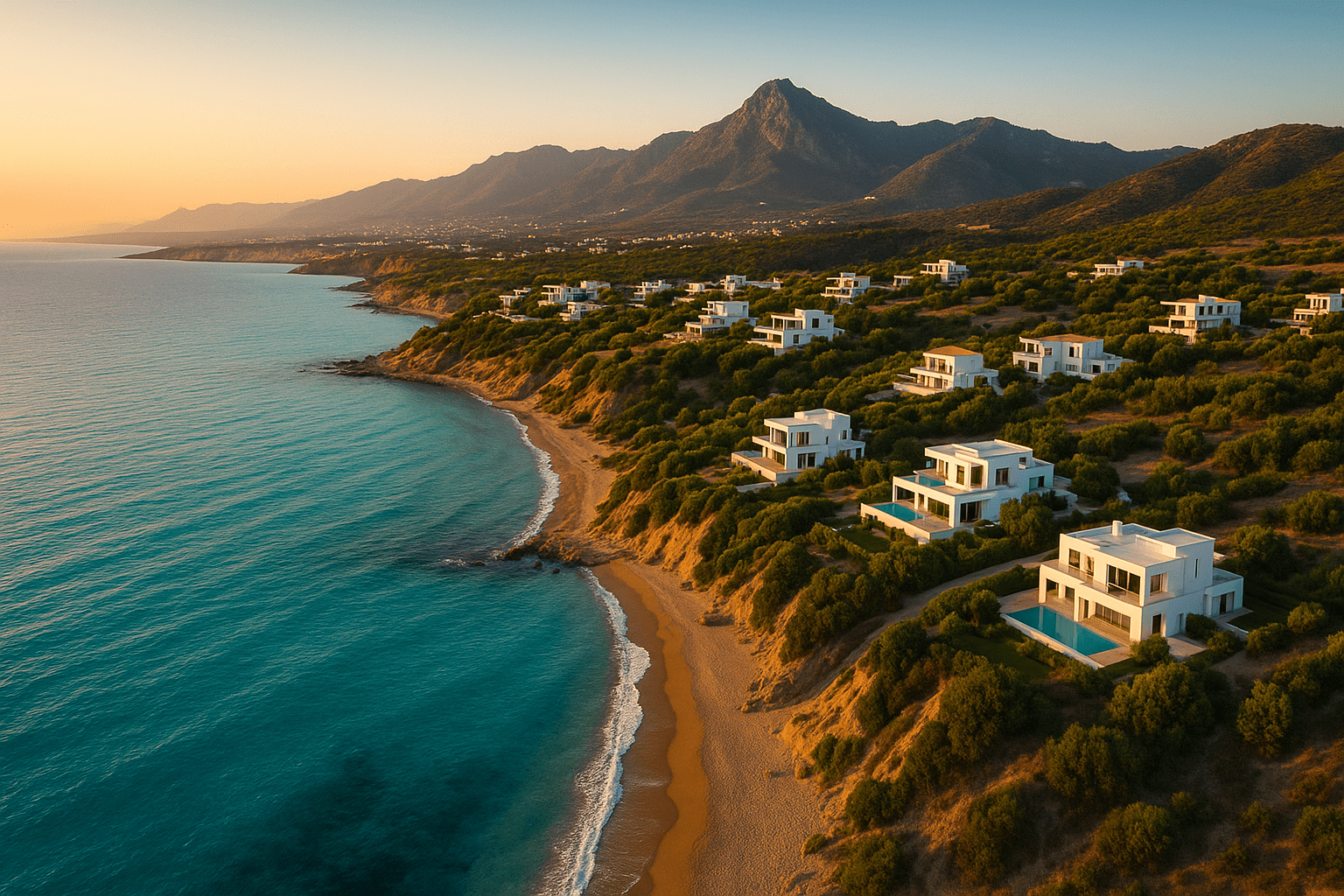 Stunning aerial view of Esentepe coastal area in North Cyprus showing Mediterranean beaches, modern villas, and mountain backdrop - perfect expat destination