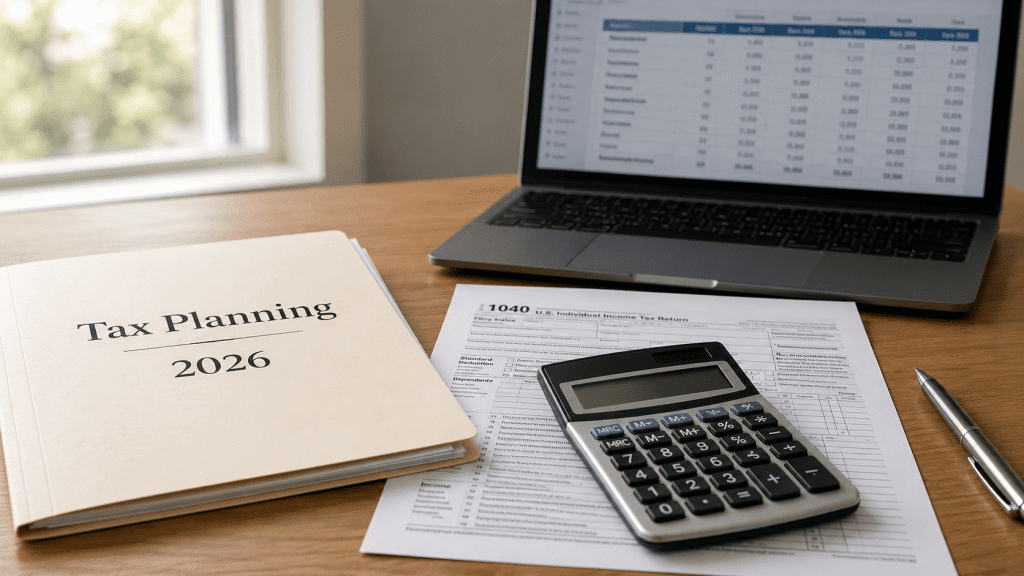 Tidy home-office desk with US tax-planning materials — a calculator on a printed tax form, a folder labelled 'Tax Planning 2026', and a softly-blurred laptop showing a spreadsheet in the background — illustrating the article's theme of OBBBA changes to SALT and 529 plans for the 2026 tax year.