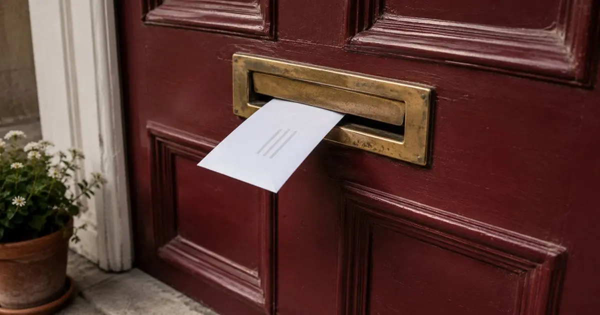 A white envelope being delivered through the brass letter slot of a Victorian London terraced-house front door, capturing the 31 May 2026 Renters' Rights Act Information Sheet deadline for UK landlords.