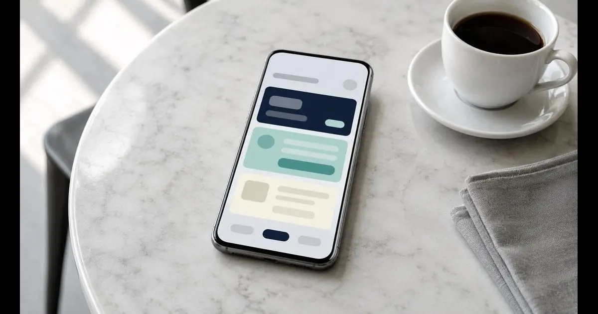 A smartphone resting on a pale marble café table showing an abstract anonymised mobile-app interface in soft daylight — illustrative image for an article explaining FCA Consultation Paper 26/15 on financial-promotions rules for consumer credit.