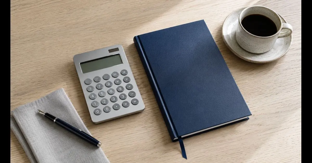 A clean overhead view of a modern home-office desk with a silver calculator, navy notebook, fountain pen and coffee cup in soft natural daylight — illustrative image for an article on UK dividend tax rates for the 2026/27 tax year.