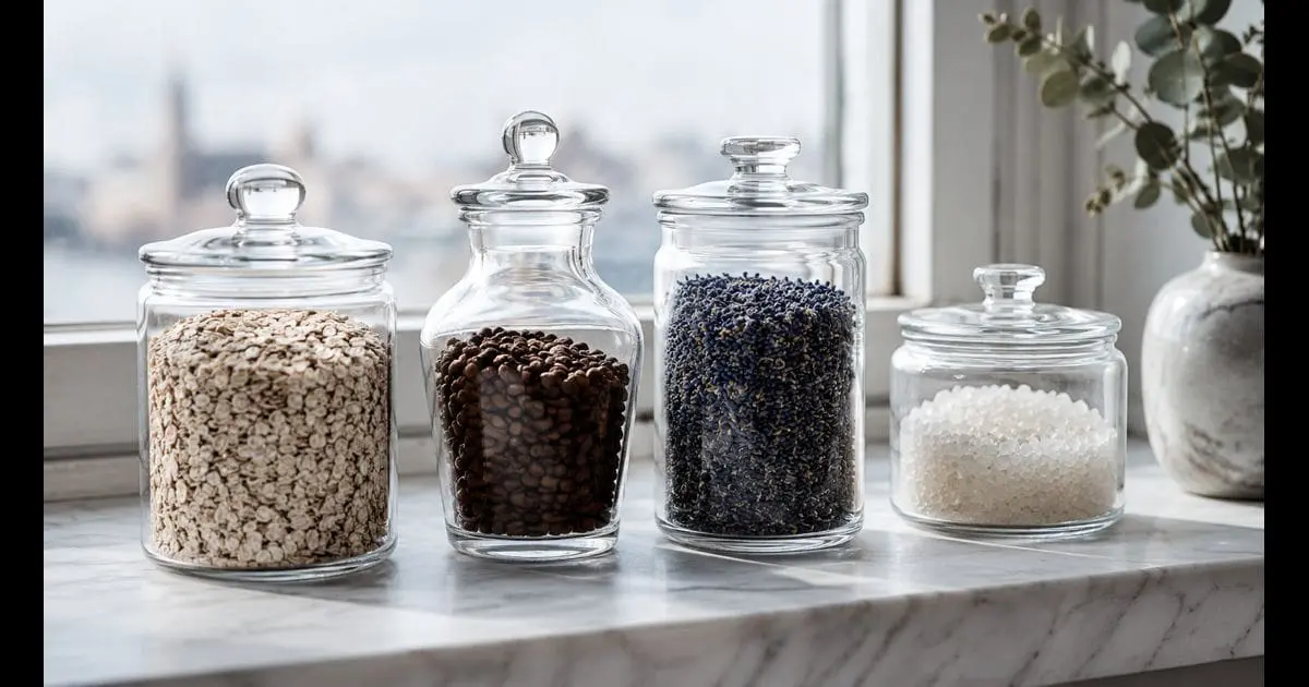 Four small clear apothecary jars holding different muted dry contents in a row on a pale marble windowsill in soft morning light — illustrative image for an article comparing the best UK cash ISA rates in May 2026.