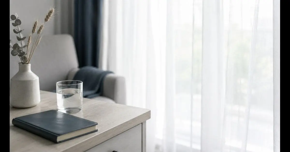 A calm domestic sideboard with a closed notebook, glass of water, and small vase of dried stems in soft morning window light — illustrative image for an article explaining the FCA Bereavement Review and what bereaved customers can expect from regulated firms.