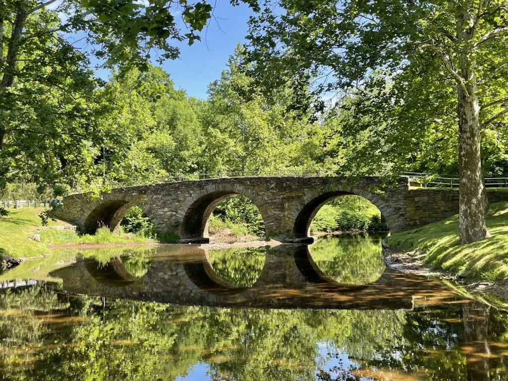 A stone arch bridge reflected in calm water representing the steady guaranteed income an annuity provides