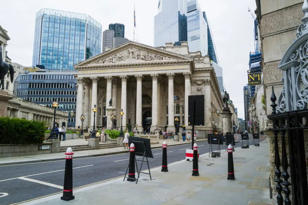 The Royal Exchange and the Bank of England in the City of London