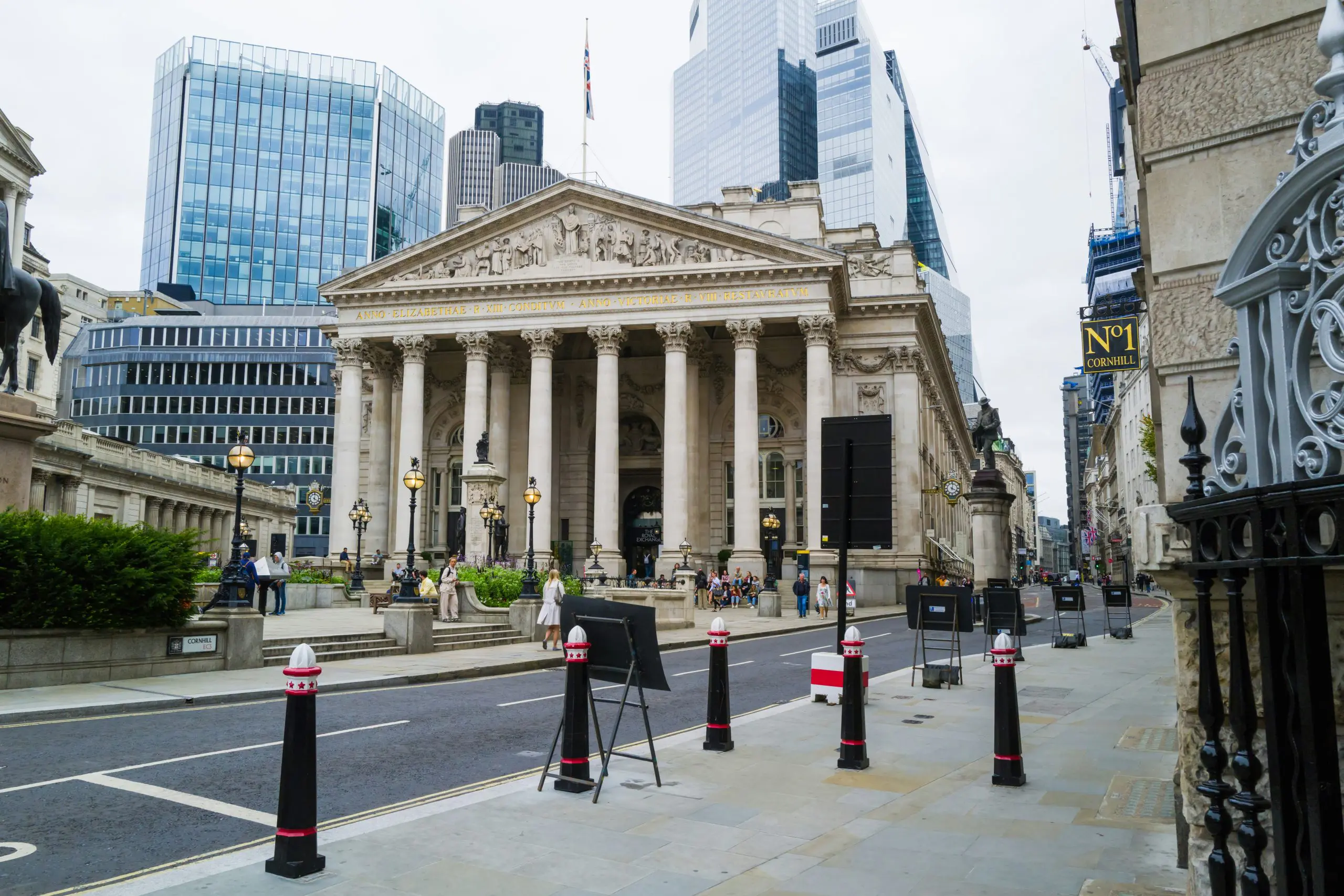 The Royal Exchange and the Bank of England in the City of London