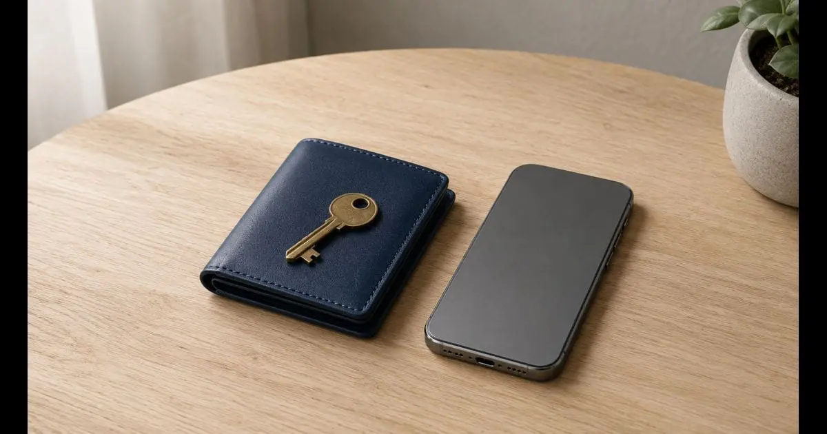 A navy leather card-wallet, smartphone face-down and small brass key on a pale oak surface in soft daylight — illustrative image for an article on how safely money is held in payments apps.