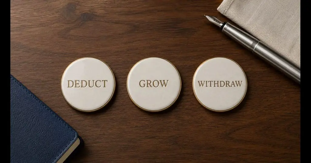 Three pale ceramic medallions with gold rims arranged on a dark walnut desk, embossed with the words DEDUCT, GROW, WITHDRAW — illustrative image for a US guide to triple tax-advantaged accounts such as HSAs.