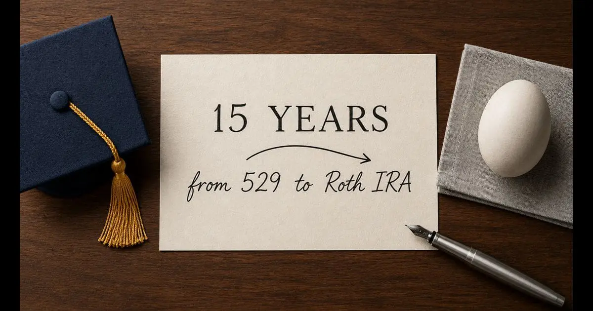 A cream sheet on a dark walnut desk hand-lettered "15 YEARS from 529 to Roth IRA", flanked by a navy graduation cap and a pale ceramic egg on grey linen — illustrative image for a US guide to the SECURE 2.0 fifteen-year rule for rolling over a 529 plan to a Roth IRA.