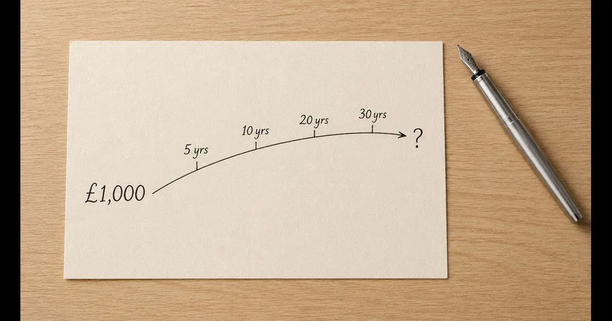 A sheet of cream paper on a pale oak desk showing a hand-drawn ink arc rising from £1,000 with year-markers at 5, 10, 20 and 30 years and a question-mark at the end — illustrative image for an article on long-term investment returns from £1,000.
