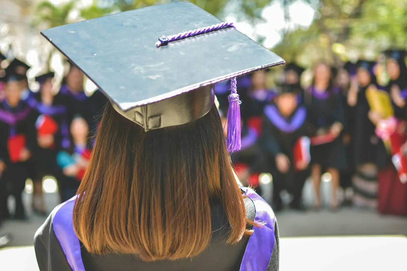 A college graduate in cap and gown seen from behind at a graduation ceremony