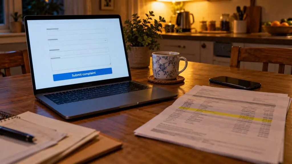Laptop on a kitchen table showing an online form with a Submit complaint button, next to a printed bank statement with one line highlighted in yellow