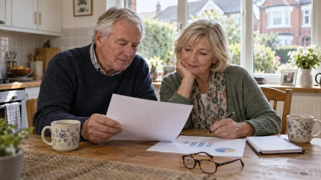 An older couple at their kitchen table reading a letter and a chart together, with brick houses visible through the window behind them