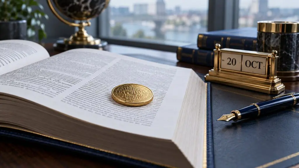 Gold coin with a circuit pattern resting on an open rulebook, beside a brass desk calendar showing 20 OCT and a fountain pen