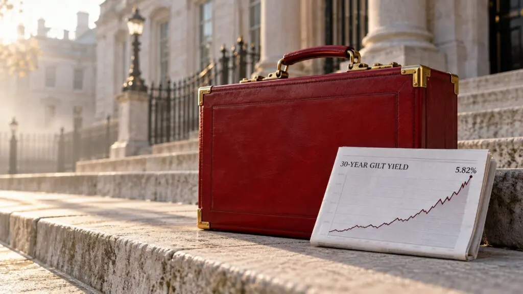 A red leather ministerial dispatch box on stone government steps, beside a chart of the 30-year gilt yield rising to 5.82%