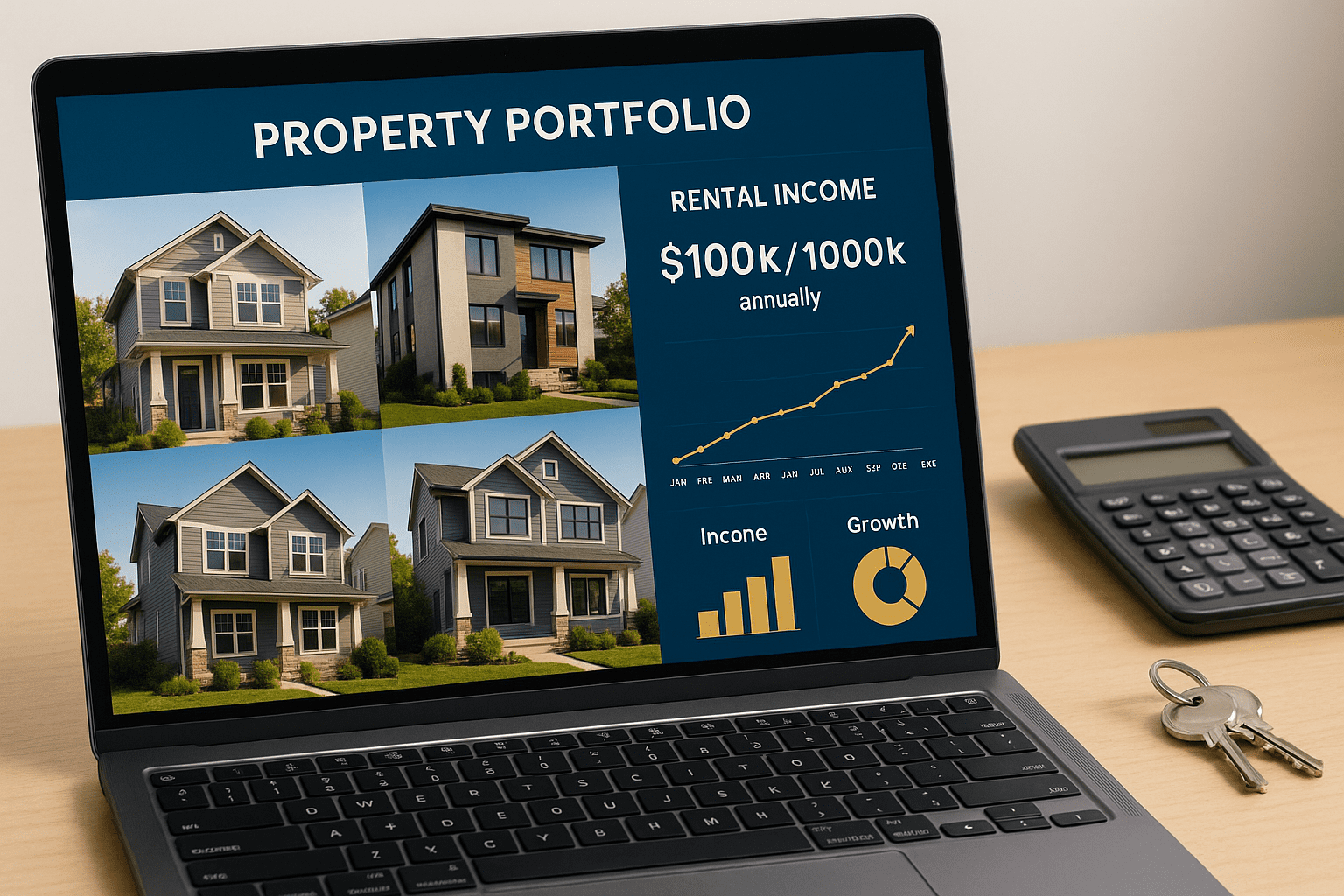 Calculator and keys on desk with multiple residential properties and financial charts showing rental income growth to $100k annually