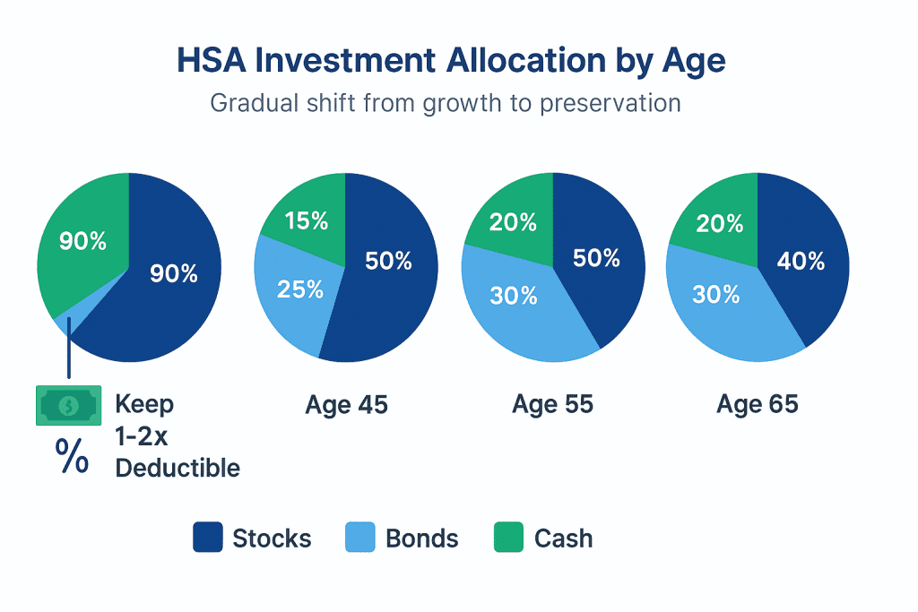 HSA investment allocation by age showing transition from 90% stocks at age 30 to 40% stocks and 30% cash at age 65