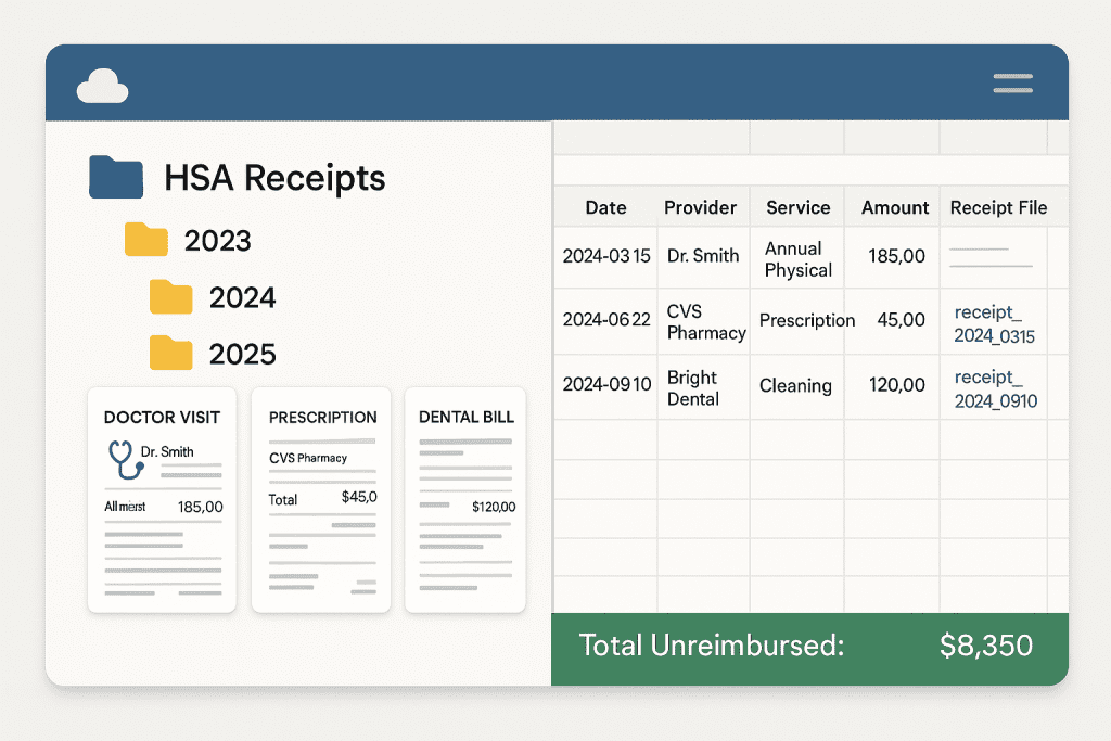 Digital receipt organization system for HSA showing cloud storage folders by year and expense tracking spreadsheet