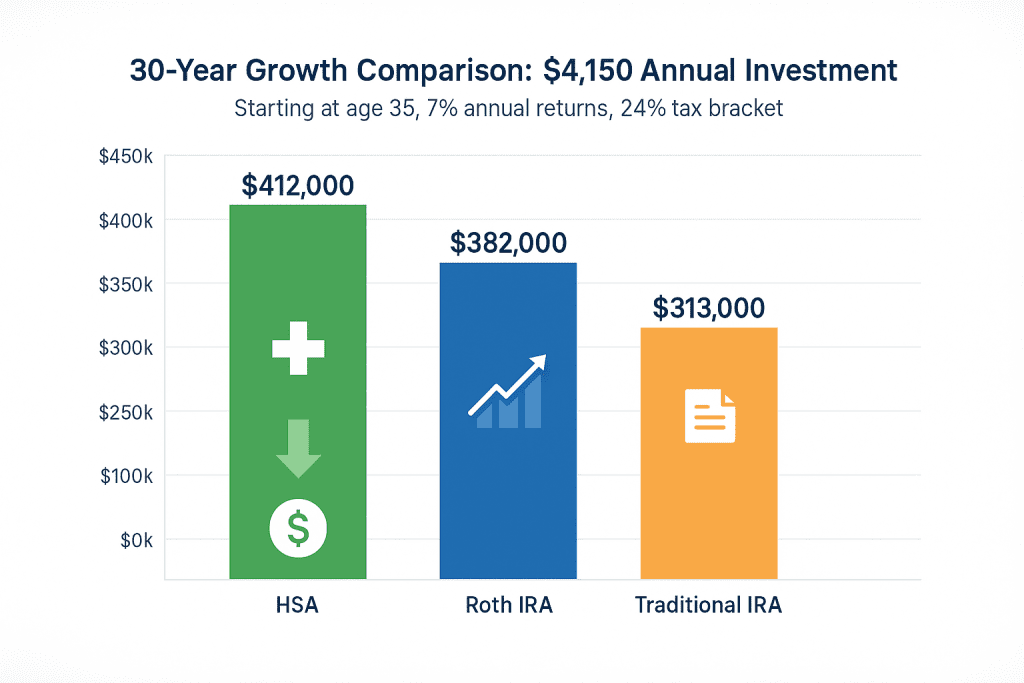 Bar chart comparing $4,150 annual investment in HSA ($412k tax-free) versus Roth IRA ($382k after-tax) versus Traditional IRA ($313k after-tax) versus taxable account ($306k)