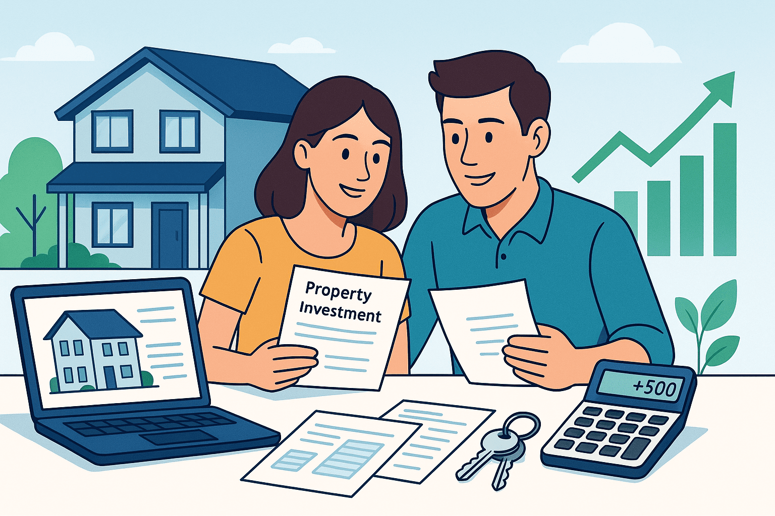 Young couple analyzing rental property investment opportunities on laptop showing cash flow calculations and property listings for beginner real estate investors